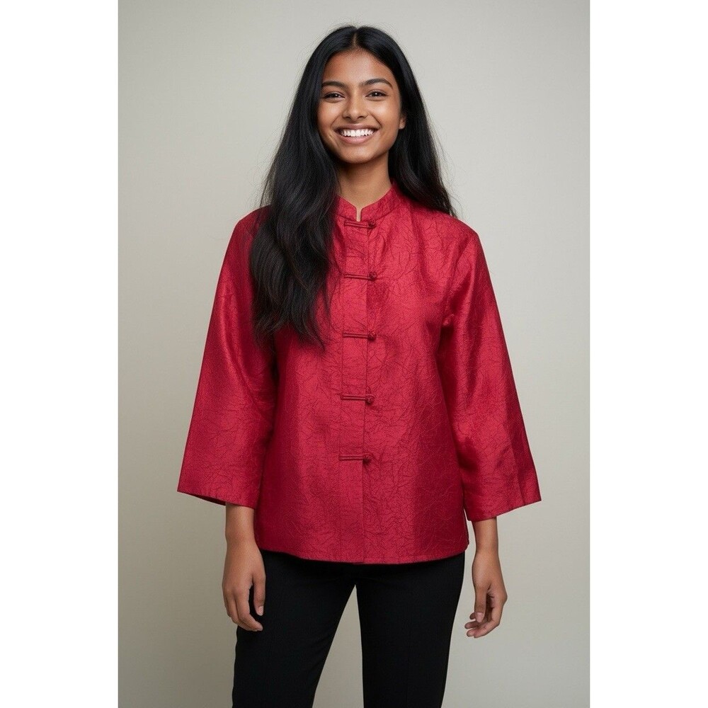 Eileen Fisher womens red 100% SILK eastern inspired kimono Large party holiday